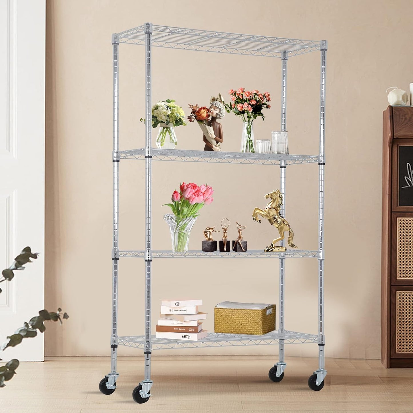 BestOffice 4-Tier Wire Storage Shelves - Heavy-Duty Metal Racks with Wheels | 36x14x62 | Chrome Finish | No-Tool Assembly for Home & Garage