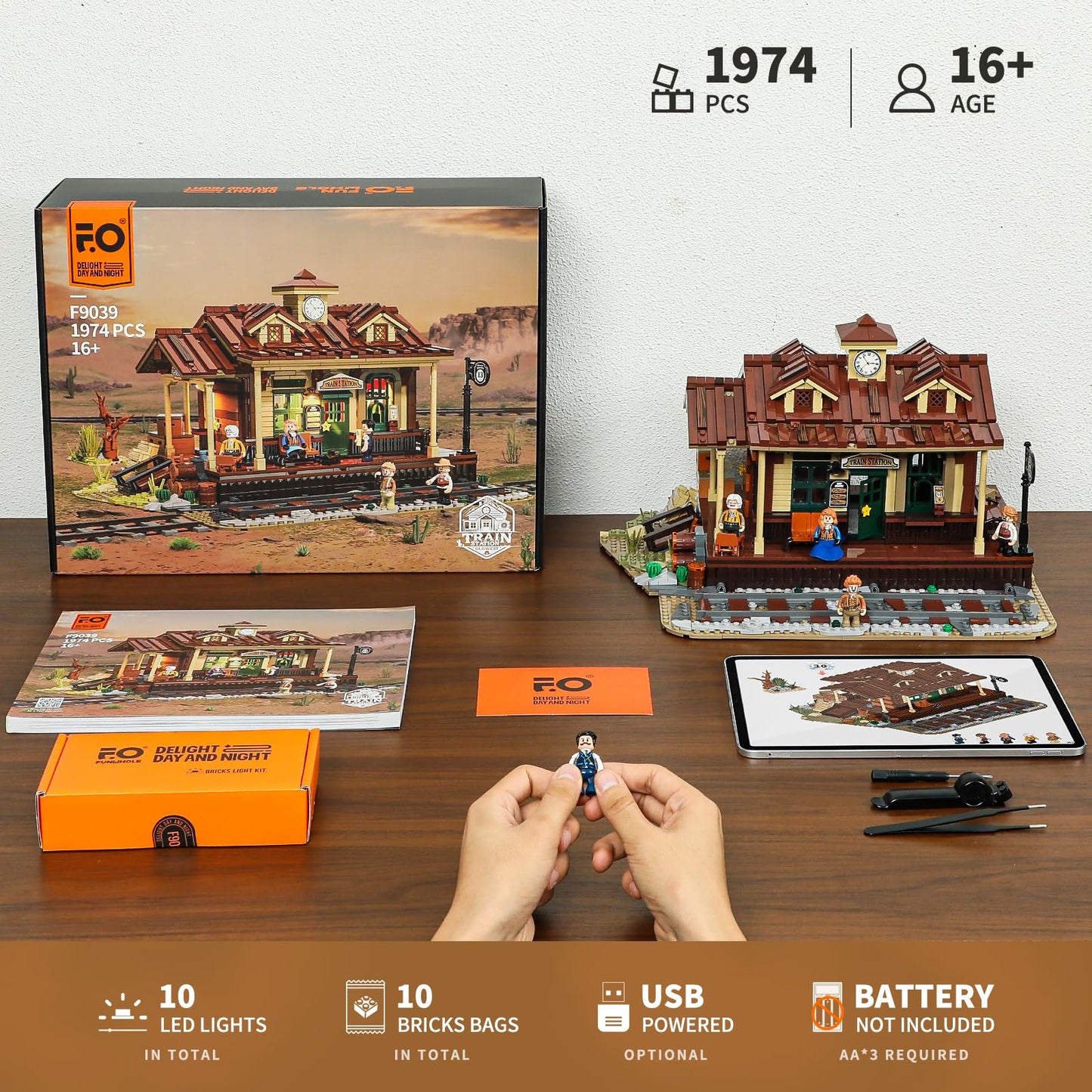 FUNWHOLE Wild West Train Station Lighting Building-Bricks Set - 1975 Pcs Collectible Train Playset for Adults and Teens