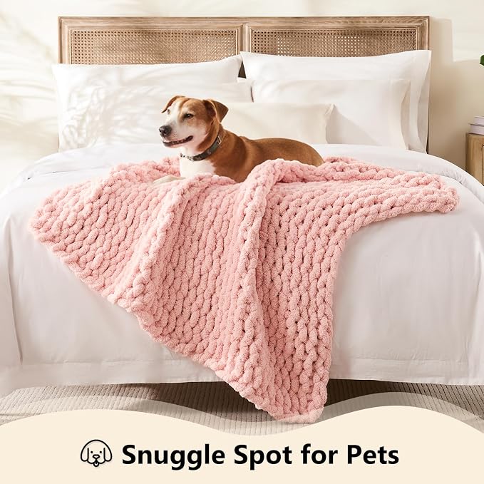 L'AGRATY Chunky Knit Blanket Throw - Soft Chenille Yarn Throw Blanket 40x50： Handmade Thick Cable Knit Crochet Blanke - Large Knit Blanket Chunky Rope Knot Throw Blanket for Couch Sofa Bed Home Decor