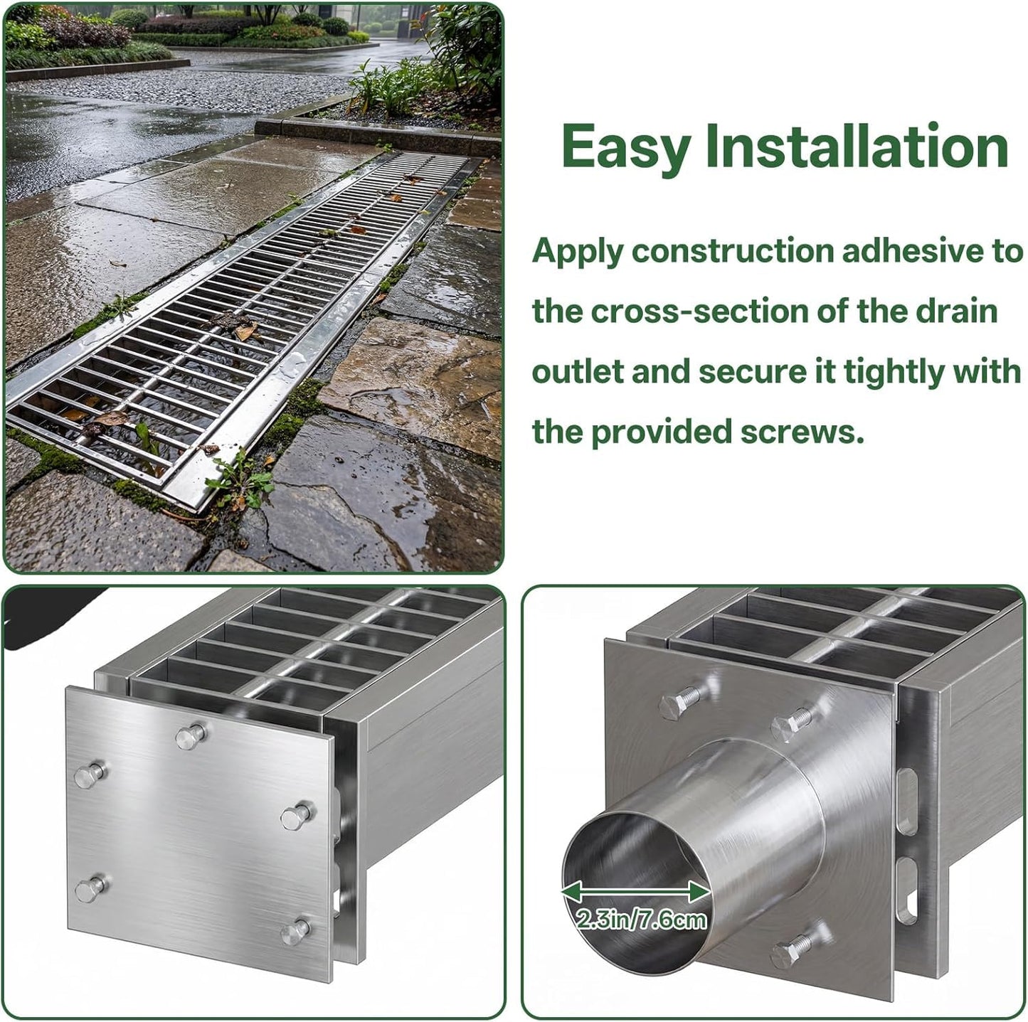 304 Stainless Steel Channel Drain Kit, 39.4x6.1x5.9inTrench Drainage System with Galvanized Steel Grate, Heavy Duty Channel Drain Kit for 2.3" Pipe, Outdoor for Driveway, Garage and Yard