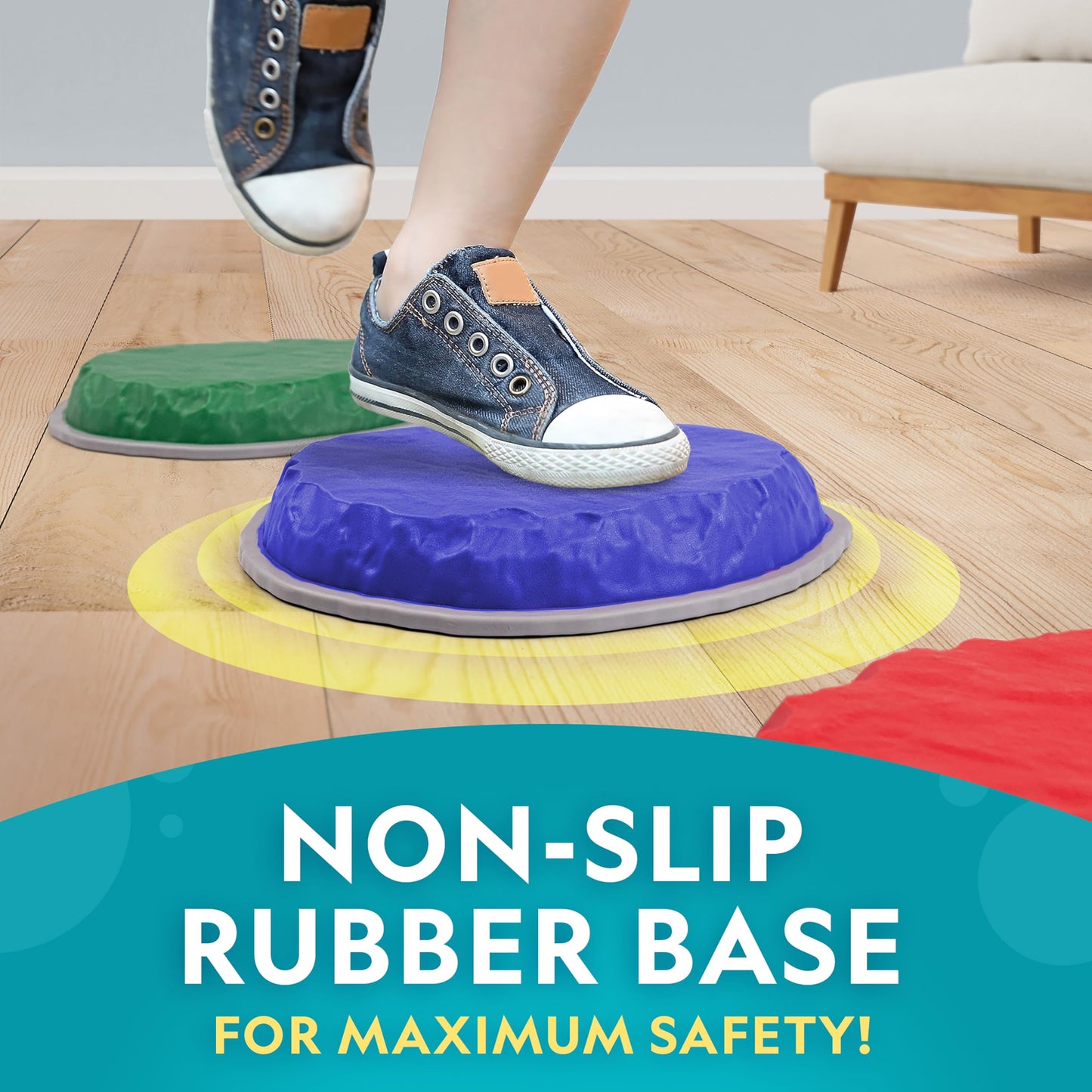 National Geographic Kids Jumbo Balance Stepping Stones – 12 Non-Slip Stepping Stones in 3 Heights with Foam Dice & Play & Learn Cards, Indoor & Outdoor Obstacle Course for Kids Ages 3+