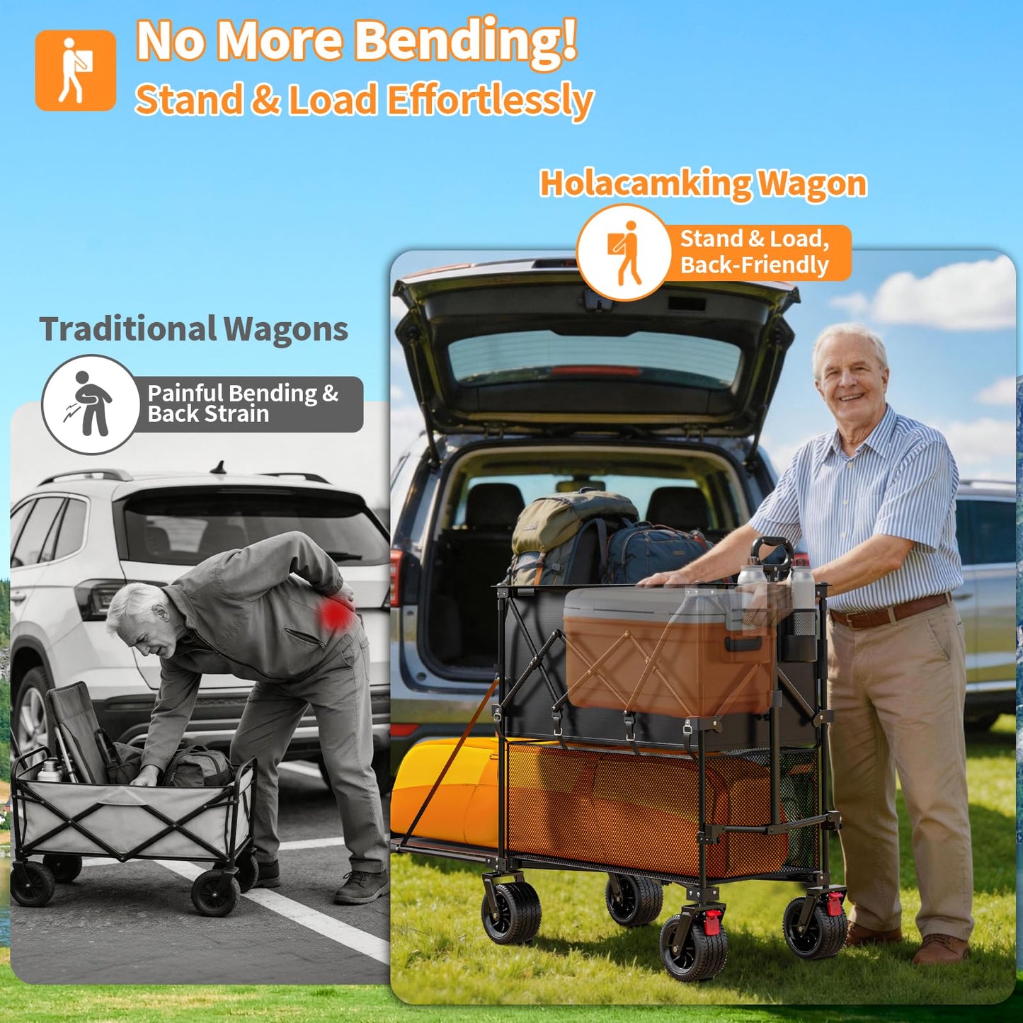 Holacamking 480L Double Decker Wagon, 58" L Extended Foldable Utility Cart with Tailgate, Big All-Terrain Wheels with Brakes, 520lbs Heavy Duty Collapsible Wagon for Camping Beach Sports Grocery Pets