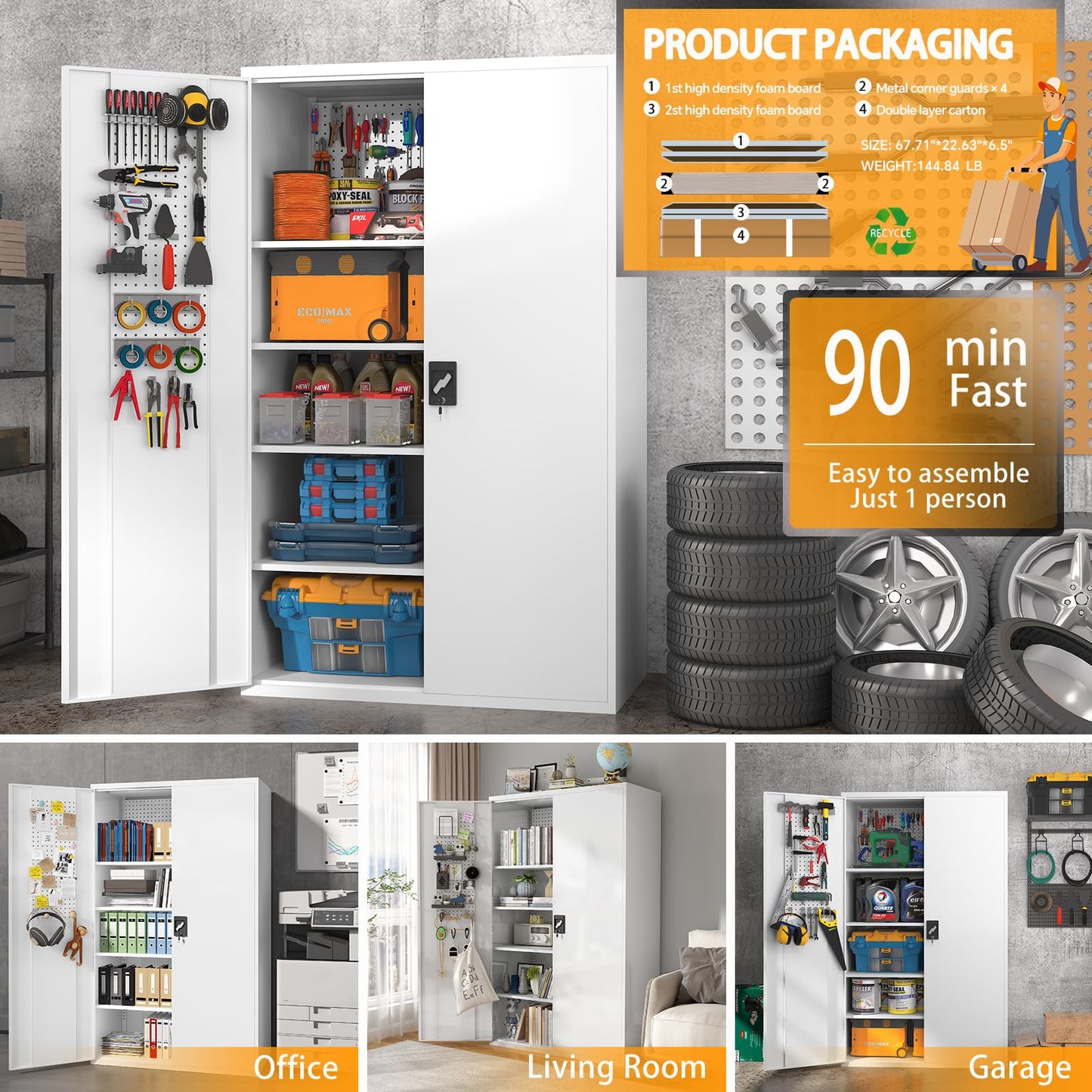 Upgraded Tall & Wide Metal Storage Cabinet with Doors & 4 Adjustable Shelves | Heavy-Duty Black Lockable Garage Cabinet with Wheels & Pegboard for Office, Gym, Basement, Warehouse (White)