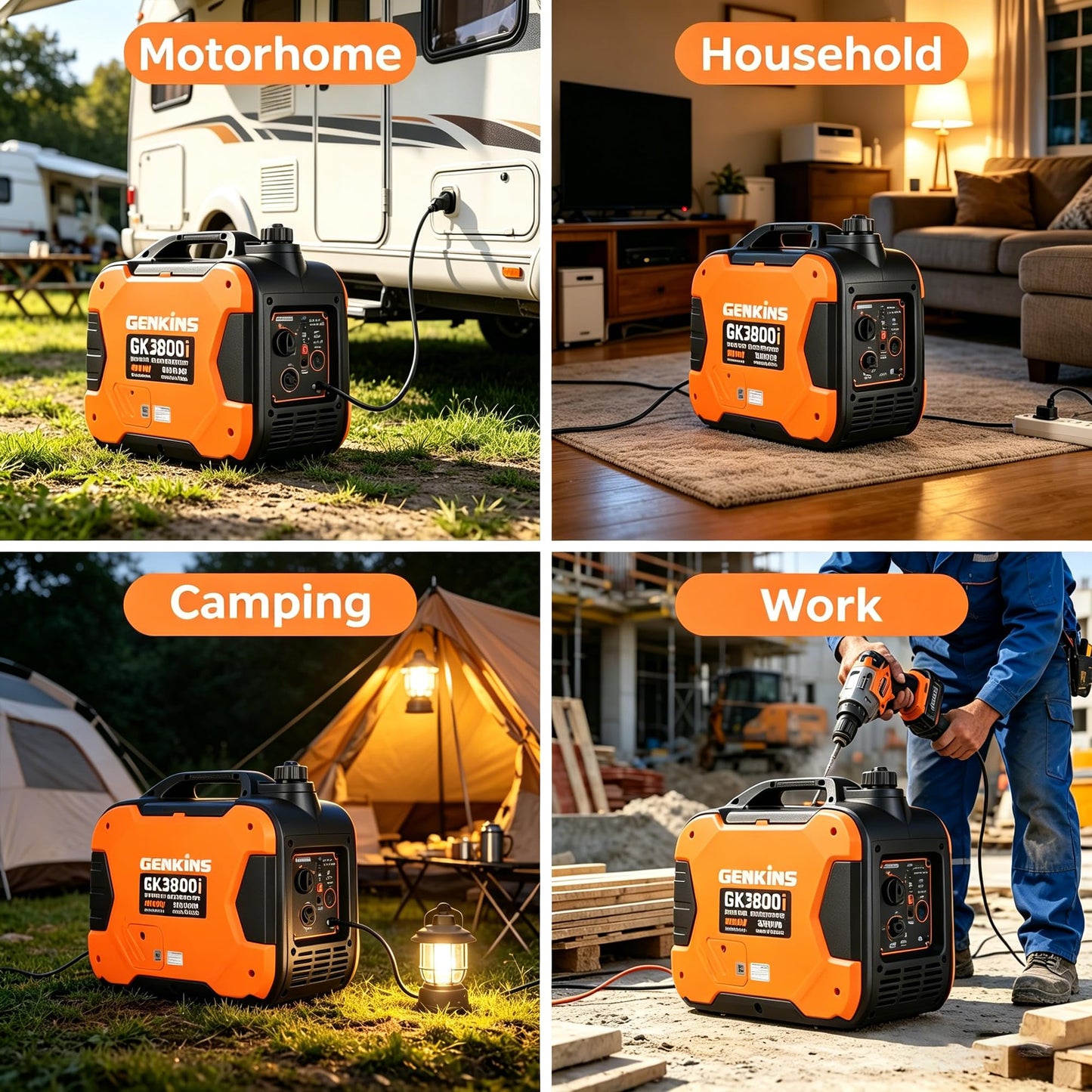 GENKINS 3800W Portable Parallel Capable Inverter Generator,Gas Powered,CO Sensor & ESC Fuel-Saving,Ultra Quiet, RV Ready, Ideal for Camping & Outdoor Use, EPA Compliant