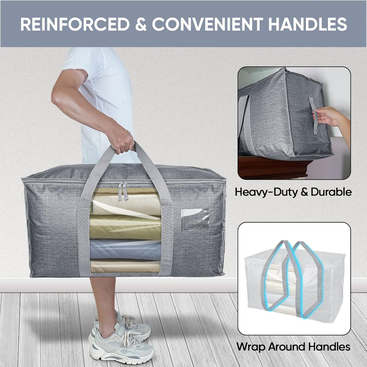 BALEINE 6-Pack Oversized Moving Bags - Heavy-Duty Storage Totes with Reinforced Handles | Gray w/Window