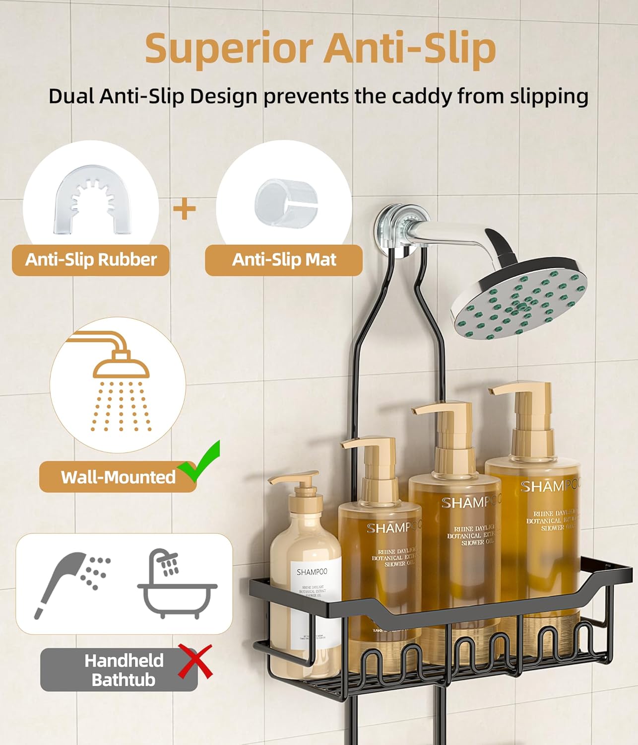 Skiennix Adjustable Shower Caddy - 3-Tier Hanging Organizer with Soap Holder | Extended Length, Black