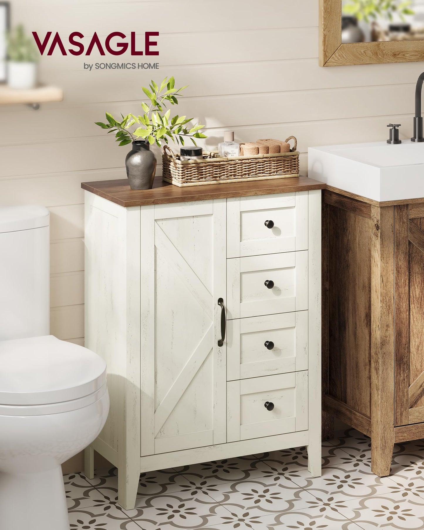 VASAGLE LIRY Collection - Storage Cabinet, Farmhouse Bathroom Floor Cabinet with 4 Drawers, Freestanding Storage Organizer, Barn Door, Adjustable Shelf, Rustic White, UBBK753W01