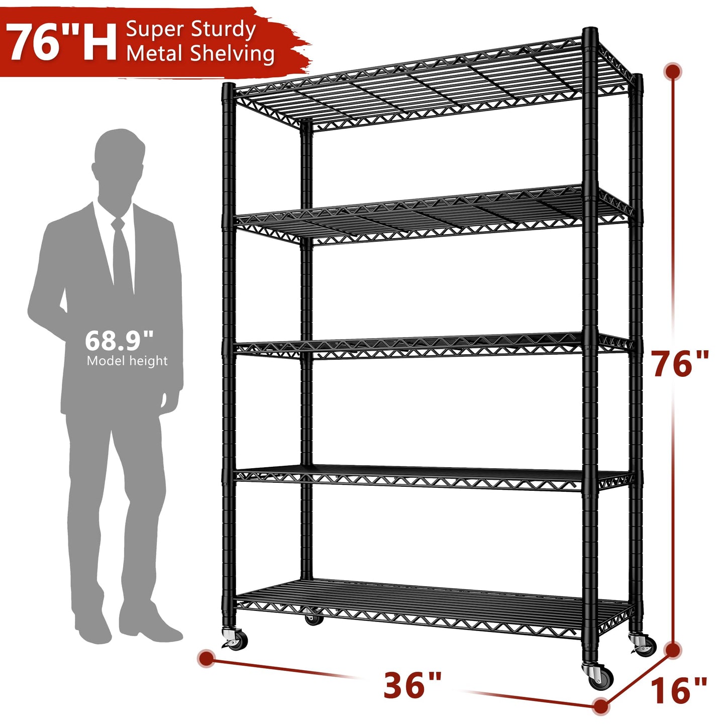 REIBII Storage Shelves Load 1980LBS,5 Tier Metal Shelving Unit with Wheels,Adjustable Wire Shelving Metal Storage Shelves Commercial Shelf for Garage Pantry Kitchen,76''HX36''WX16''D Black