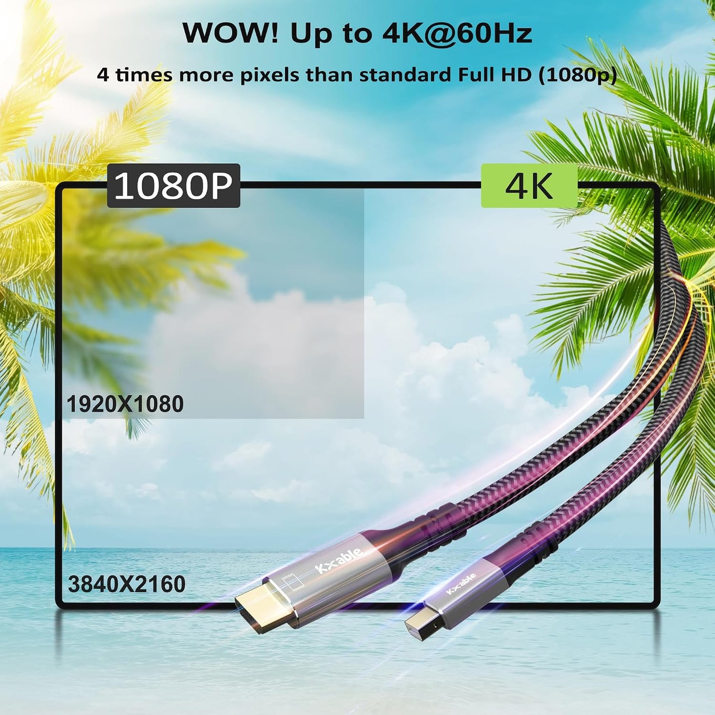 4K 20FT, [4K@60Hz, Mini DisplayPort to HDMI Cable Gold-Plated Plugs, Aluminum Shell, Nylon Braided], Mini DP to HDMI