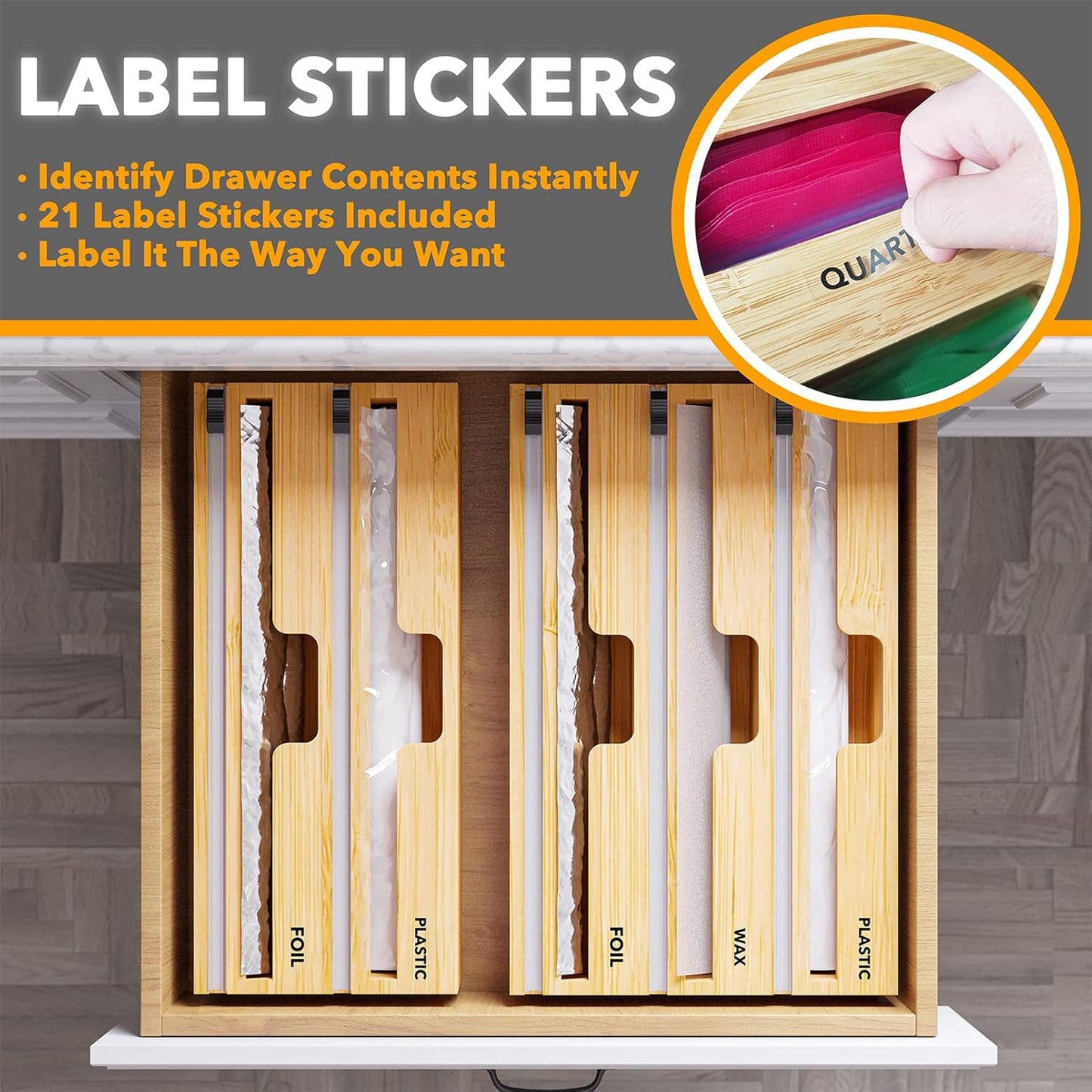 SpaceAid WrapNeat 3-in-1 Wrap Organizer - Cutter & Labels for Plastic Wrap, Foil & Wax | 12" Roll Holder (Natural)