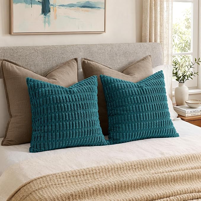 MIULEE Pack of 2 Corduroy Decorative Throw Pillow Covers 20x20 Inch Soft Boho Striped Pillow Covers Modern Farmhouse Home Decor for Summer Coastal Sofa Living Room Couch Bed Teal
