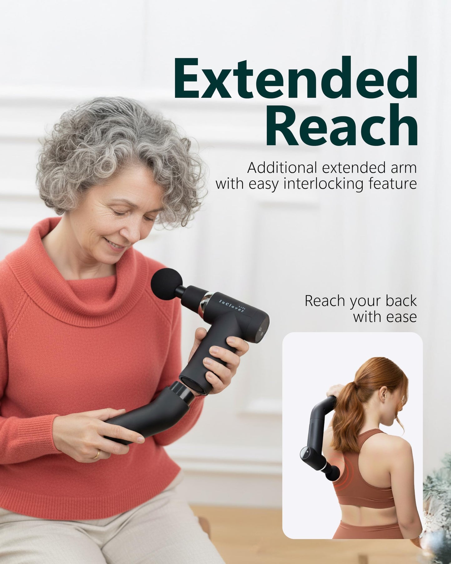 InClover Life Massage Gun with Detachable Extension Handle for Deep Tissue Muscle Massage – Handheld Back & Shoulder Percussion Heated Massager for Men & Women. Professional Pain Relief Massage Tool.