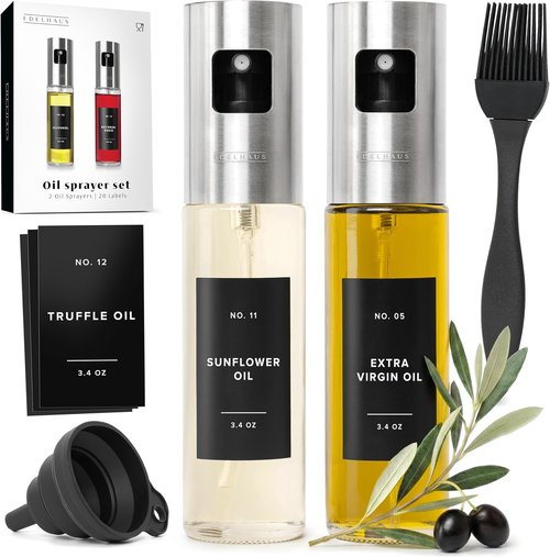 EDELHAUS Oil Sprayer Set - Stainless Steel & Glass Bottles for Healthy Cooking | 2-Pack with Silver Lids