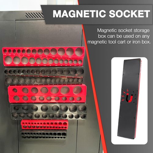 EACELIY Magnetic Socket Organizer Set - 6-Piece Holder for 1/2", 1/4", 3/8" SAE & Metric Sockets | Attaches to Tool Cart