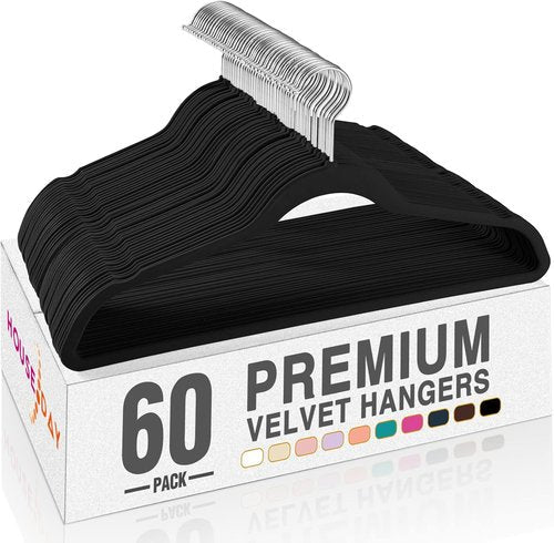 HOUSE DAY Velvet Hangers - 60 Pack with Pants Organizer - Premium Black Storage Solution