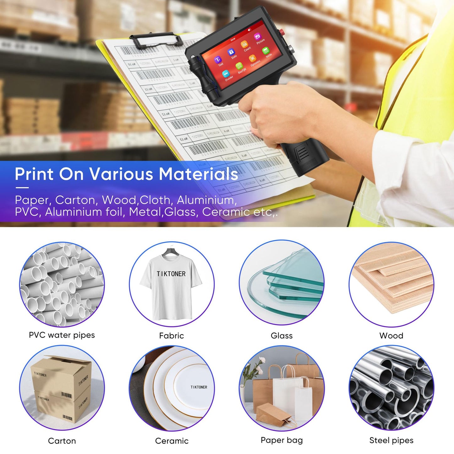 TIKTONER Handheld Inkjet Printer Printing Height 0.08-0.5Inch Handheld Printer Gun for Batch Code Date Time Lot Number Print on Many Materials, Inkjet Coder with 42ml Black Fast Dry Ink Cartridge