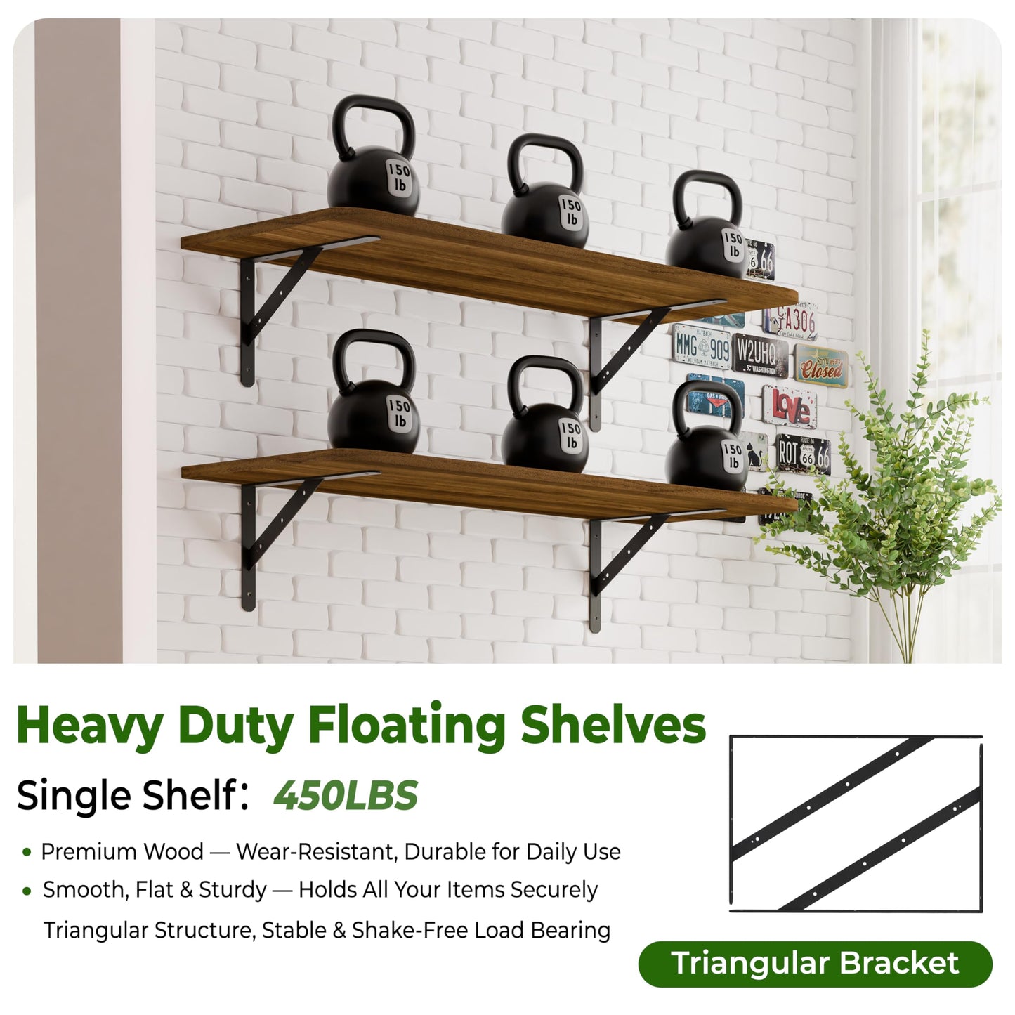 Dogsky 2-Pack Garage Storage Shelving Wall Mounted 48x24 Inches-Heavy Duty Floating Wall Shelf 500lbs Capacity with Engineered Wood - Utility Shelves for Garage, Closets, or Utility Rooms, Walnut