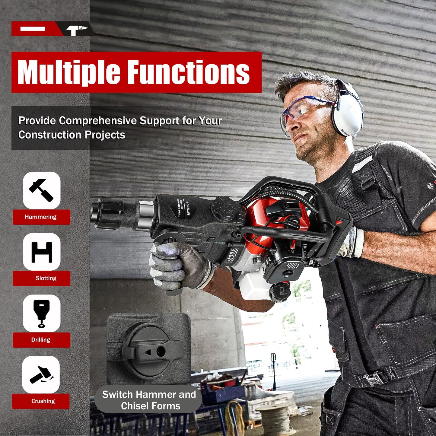 33CC 1000W Gas Powered Jack Hammer, 2-Stroke Hammer Drill, Drilling Machine Breaker Punch Drill Chisels Heavy Duty Gasoline Concrete Breaker Rock Drill for Concrete Breaking, Construction
