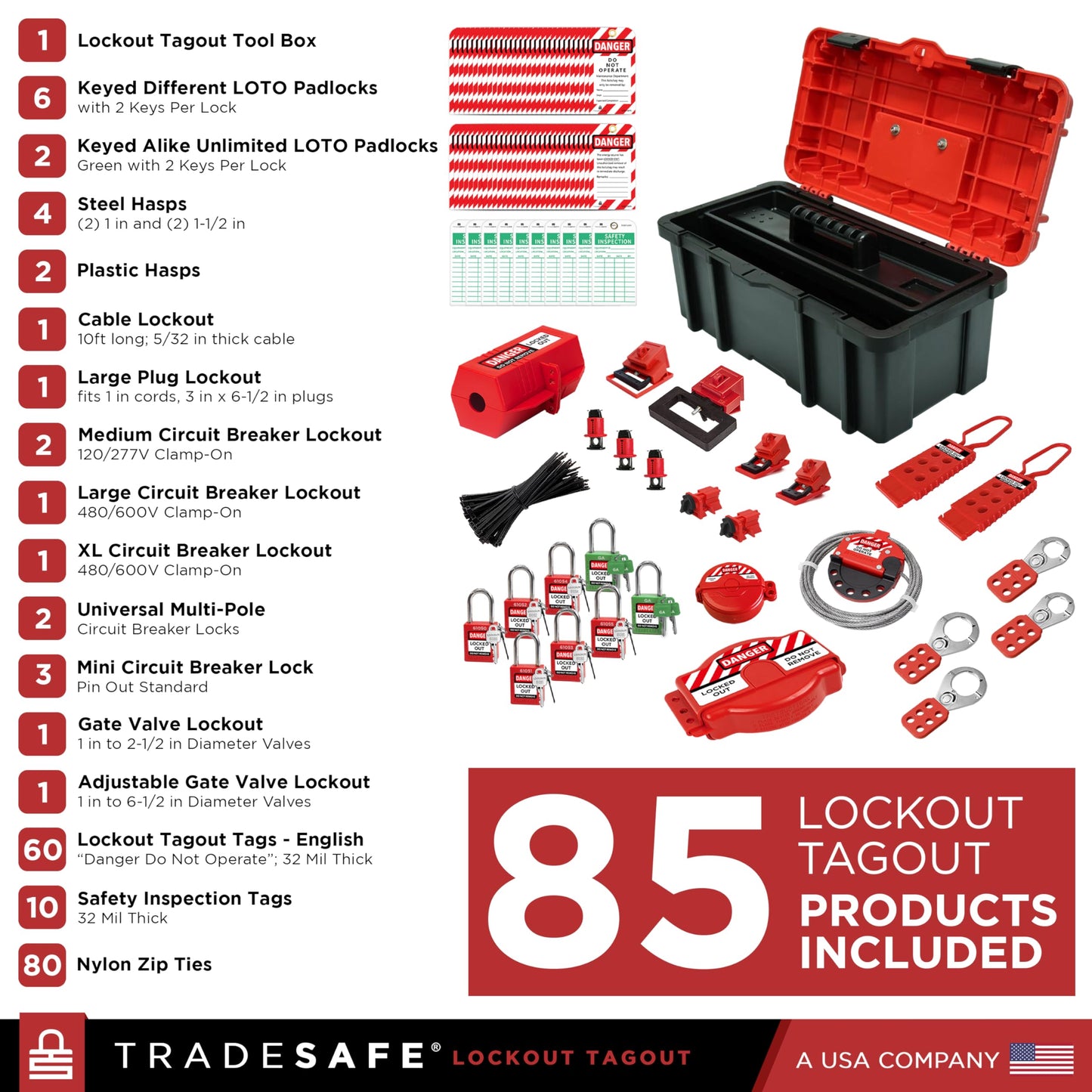 TRADESAFE Lockout Tagout Tool Kit - 85 Loto Devices, Loto Locks, Breaker Lockout Devices, Loto Tags, Inspection Tags, Cable Lock, Gate Valve Lockout, Plug Lock, Hasps