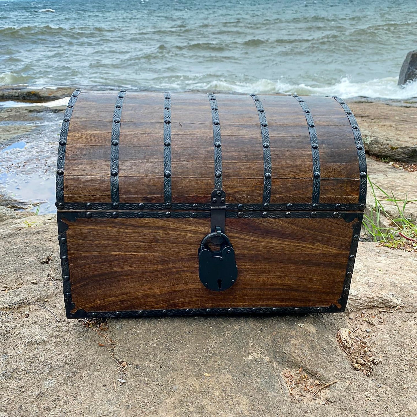 Nautical Cove Wood Treasure Chest with Decorative Rivets and Reinforcing Iron Strips with Lock and Skeleton Keys (Dark Antique, X-Large 16x12x12) – Wooden Keepsake Box, Pirate Decor, Storage Chest