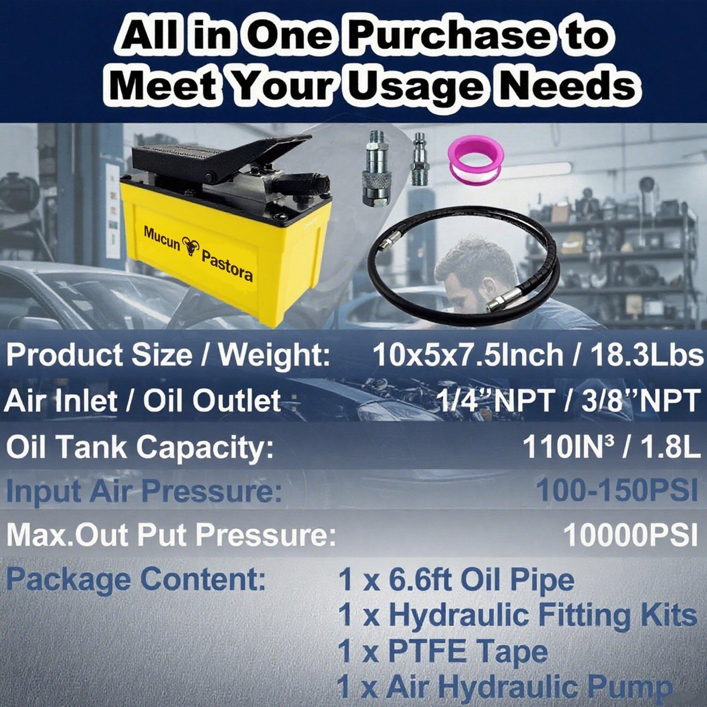 Air Hydraulic Pump 10,000 PSI 1.7L Reservoir, NPT 3/8" Oil Outlet, 2 x 6.5 ft Pipe, Hydraulic Pump Air Hydraulic Foot Pump, Yellow