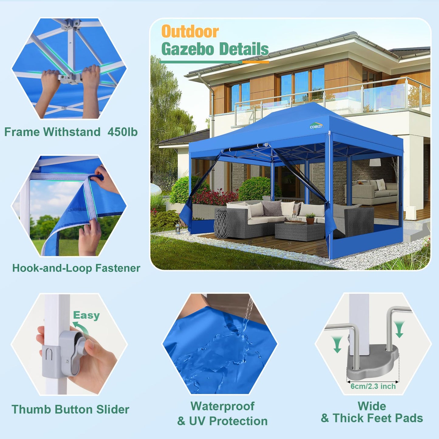 COBIZI 10x15 Canopy Tent, Heavy Duty Pop up Canopy with Sidewalls, Waterproof Easy Setup Canopy with Mosquito Netting, Outdoor Instant Screen Tents for Parties, Wedding, Backyard with Carry Bag, Blue
