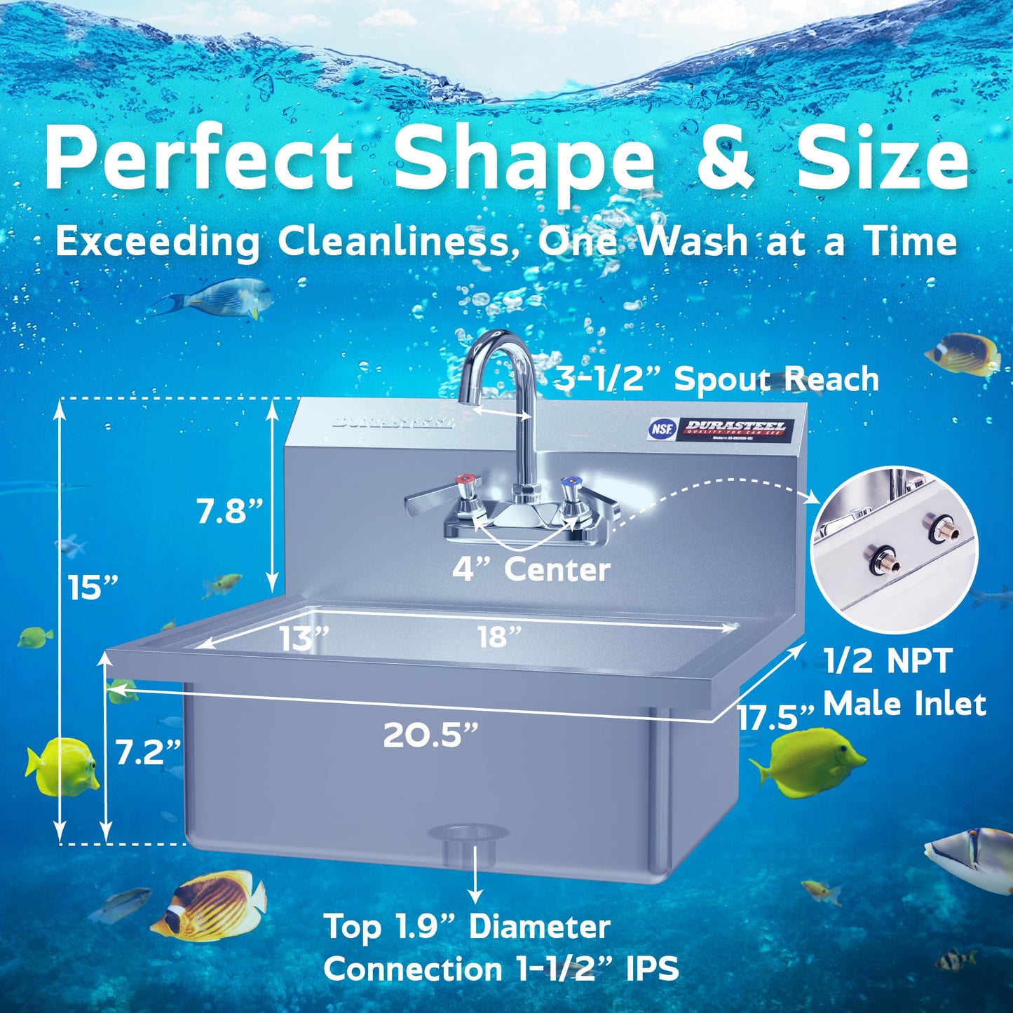 DuraSteel 304 Stainless Steel Wall Mount Sink - Commercial Hand Washing Sink - NSF & CEC Certified with Lead-Free Faucet - For Restaurants, Kitchens, Bars, Restroom