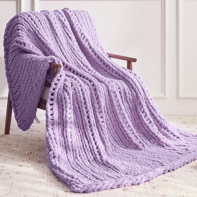 Negwoo Chunky Knit Throw Blanket, 80''*90'' Knitted Throw Chenille Yarn for Bed Couch, Handmade Light Purple Crochet Big Thick Blanket, Machine Washable Cute Comfy Blanket for Home Decor