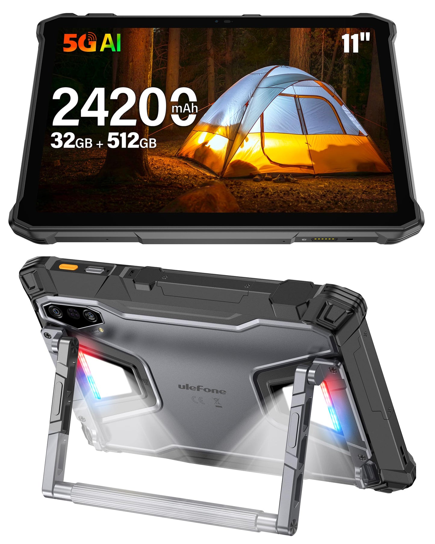 Ulefone Armor Pad 5 Pro 5G Rugged Tablet, Dimensity 7400X 32GB+512GB/2TB Expansion Android 15, 24200mAh(120W), 11" FHD+ Screen, IP68/69K, 64MP+64MP, 32MP, Dual LED Lights/Warning Lights, Widevine L1