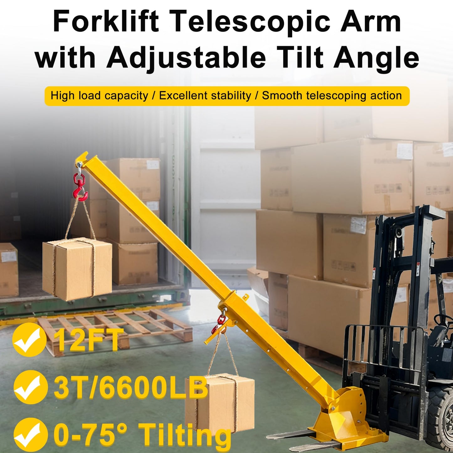 HayWHNKN 3T Forklift Telescopic Jib Boom Forklift Mobile Crane with 0-75° Adjustable Tilt Angle, 7-12ft Extension, 2 Hooks, Heavy-Duty Lifting Hoist Towing Handling for Warehouse Construction Factory