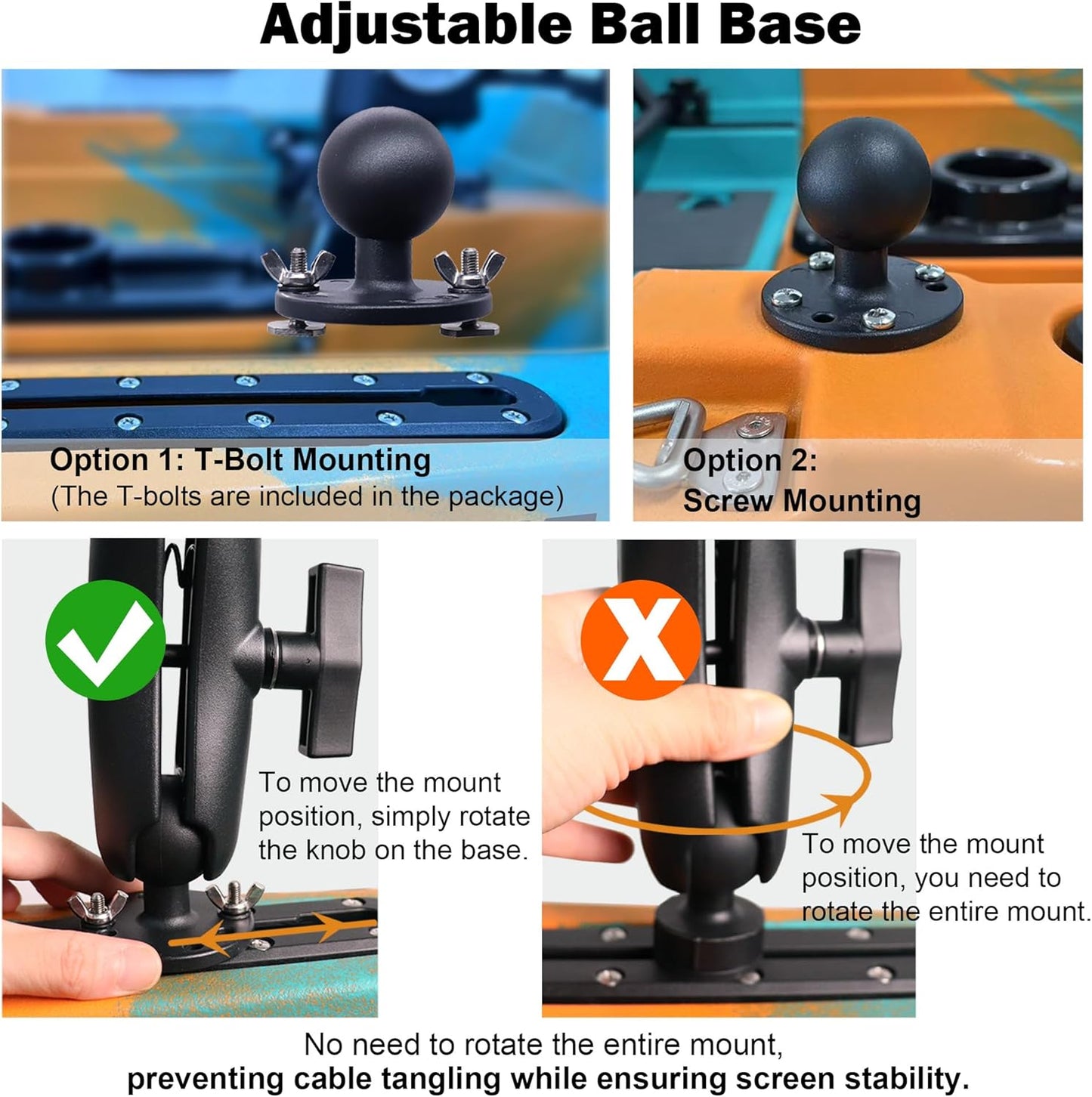 WINDFRD 1.5" 1.5 inches/C Aluminum Track Ball Mount Base with T-Bolt for Kayak/Boating/Fishing, AMPS Round Plate