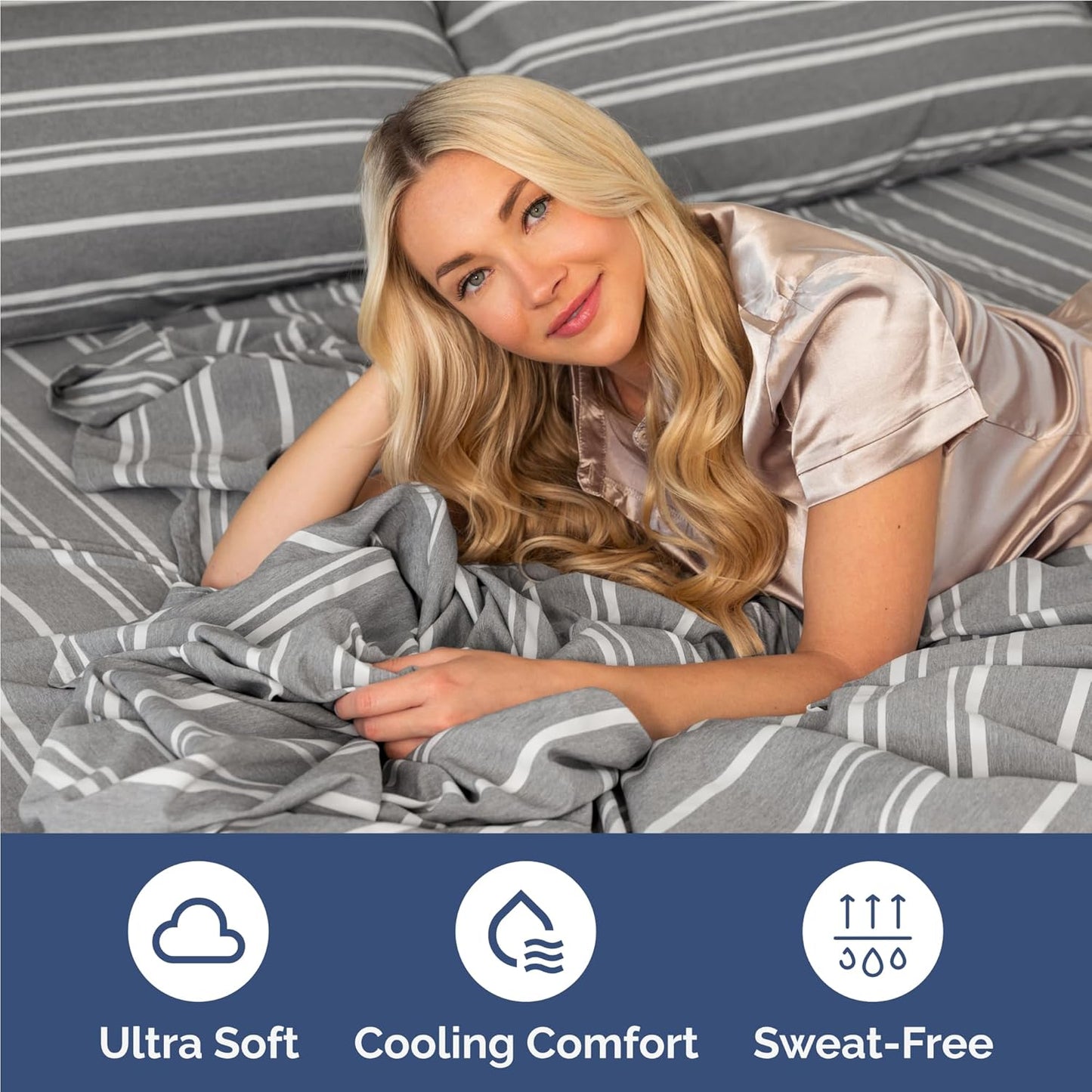 Skiennix Twin XL 3-Piece Sheet Set - Comfy Cooling Bed Sheets with Deep Pockets - Grey Stripes