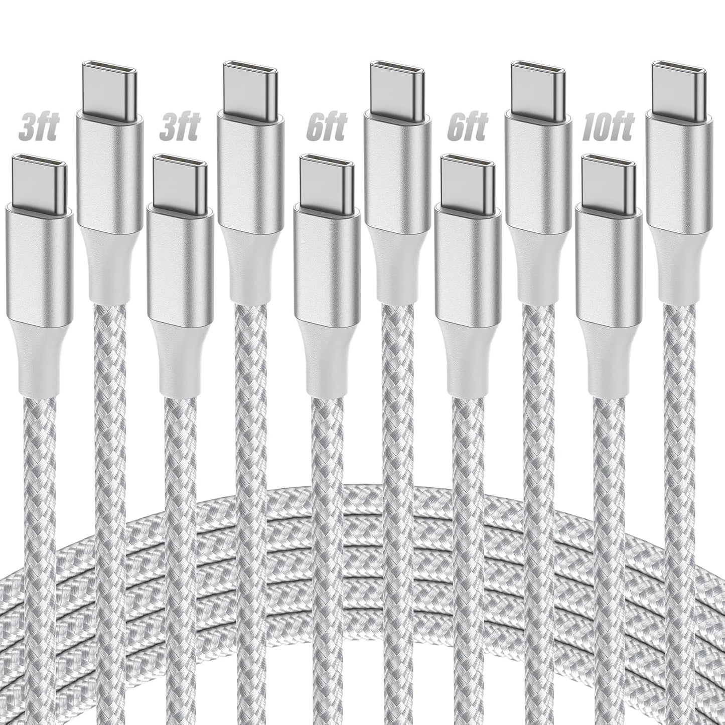 SwaggWood 5-Pack [3/3/6/6/10FT] 60W 17/16/iPad USB C to USB C Cable, USBC Fast Charging Cable Nylon Braided Type C
