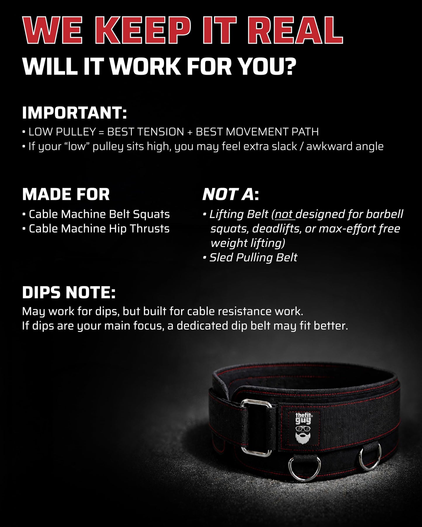 THEFITGUY Multi-Attachment Belt for Cable Machine and Smart Home Gym Squats and Hip Thrusts, 5 Attachment Points for Optimal Weight Distribution, 2 Straps (40” & 27”) and 3 Metal Snap Hooks Included