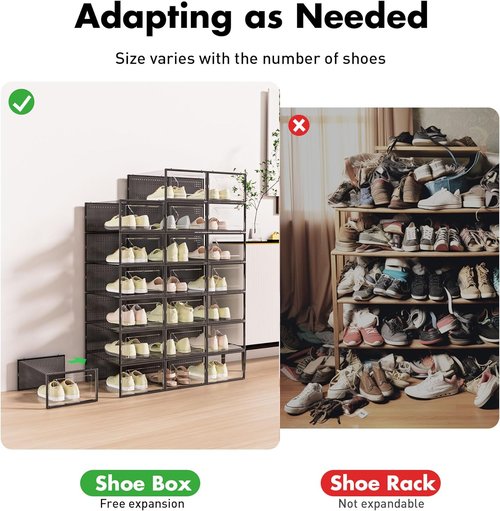 Foluck Shoe Storage Box - 15 Pack Clear Plastic Stackable Organizer for Sneakers | Interlocking Design, Black