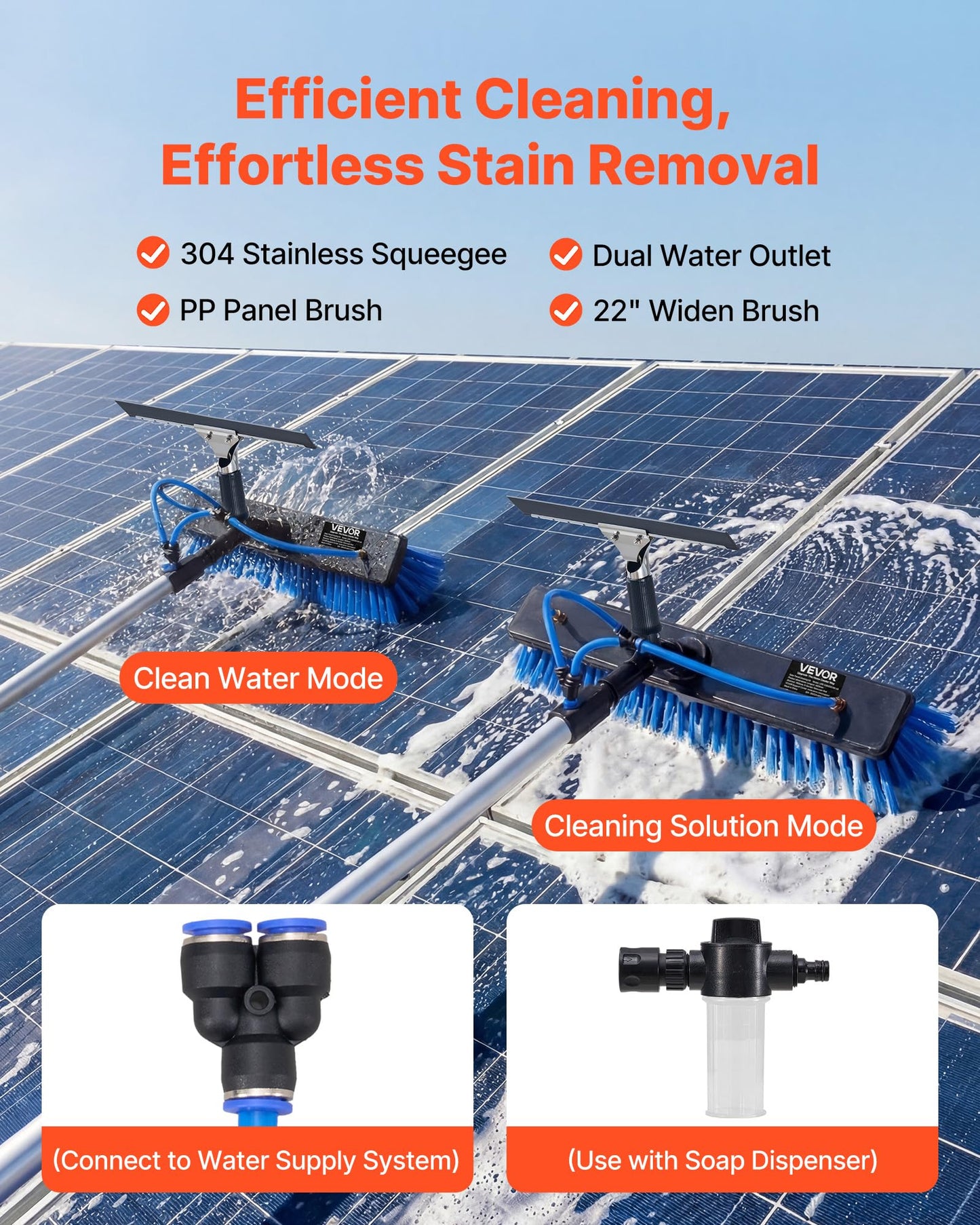 VEVOR Solar Panel Cleaning Kit, 33 ft, Water Fed Pole Kit with Cleaning Brush, Squeegee, Soap Dispenser, Extendable Aluminum Telescopic Pole, 180° Rotatable Brush Head, for Roof Mounted Solar Panels