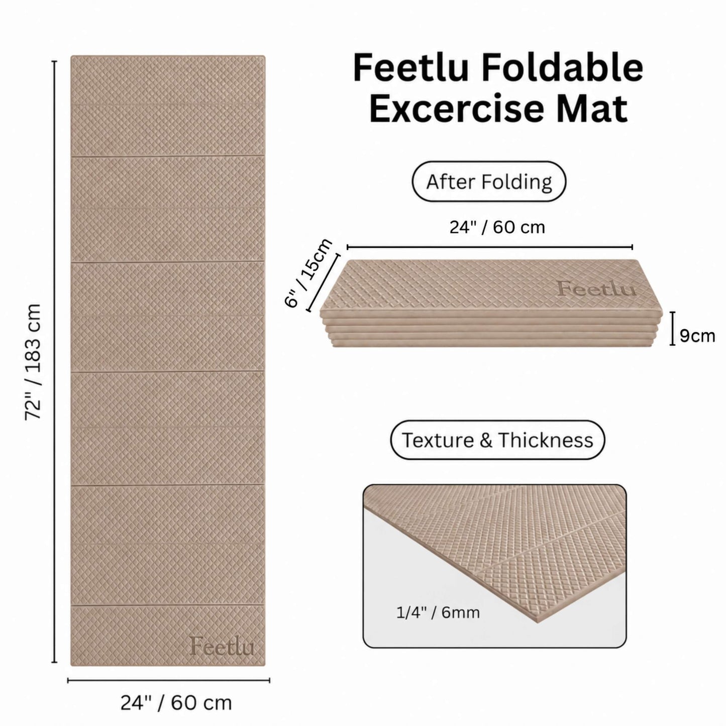 Foldable Yoga Mat – 1/4 Inch Thick, Lightweight, Easy to Store, Non-Slip Travel Yoga Mat for Fitness, Yoga, Pilates, Home Workouts, and Floor Exercises