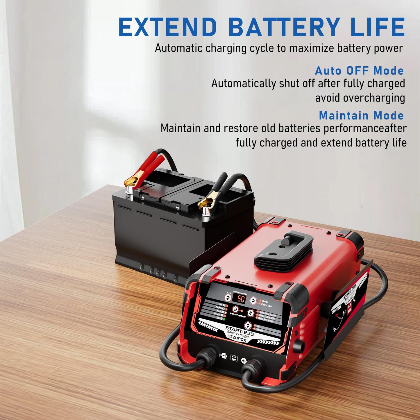 AZZUNOX 12V 24V Car Battery Charger Engine Starter, Up to 50A Automatic Battery Maintainer, 250 Cranking Amps, Auto Desulfator, Battery Repair, Winter Mode, for AGM STD Gel Deep Cycle Batteries