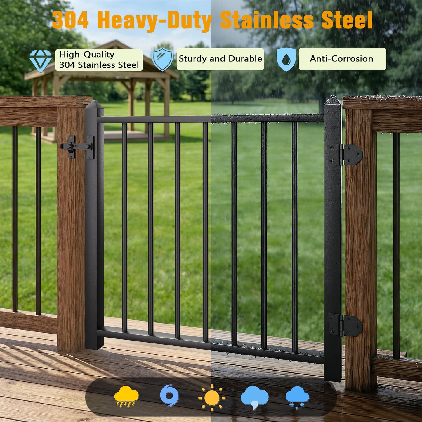 Deck Fence Gate Integrated Welding Stainless Steel Black Textured Powder-Coat Finish 36.2″Wx 36.7″H Outdoor Deck Gate with Latch for Deck, Garden, Yard, Porch, Patio (Left Hand in Swing)