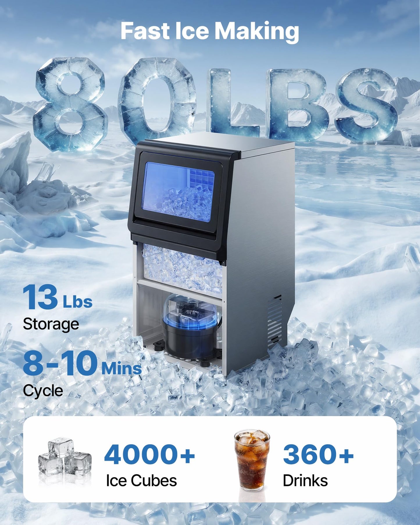 VEVOR Commercial Ice Maker Machine, 80 lbs/24h with 13 lbs Storage Capacity, Countertop/Freestanding/Under Counter, Stainless Steel Ice Maker with LED Display & Self-Cleaning, for Home Bar Restaurant