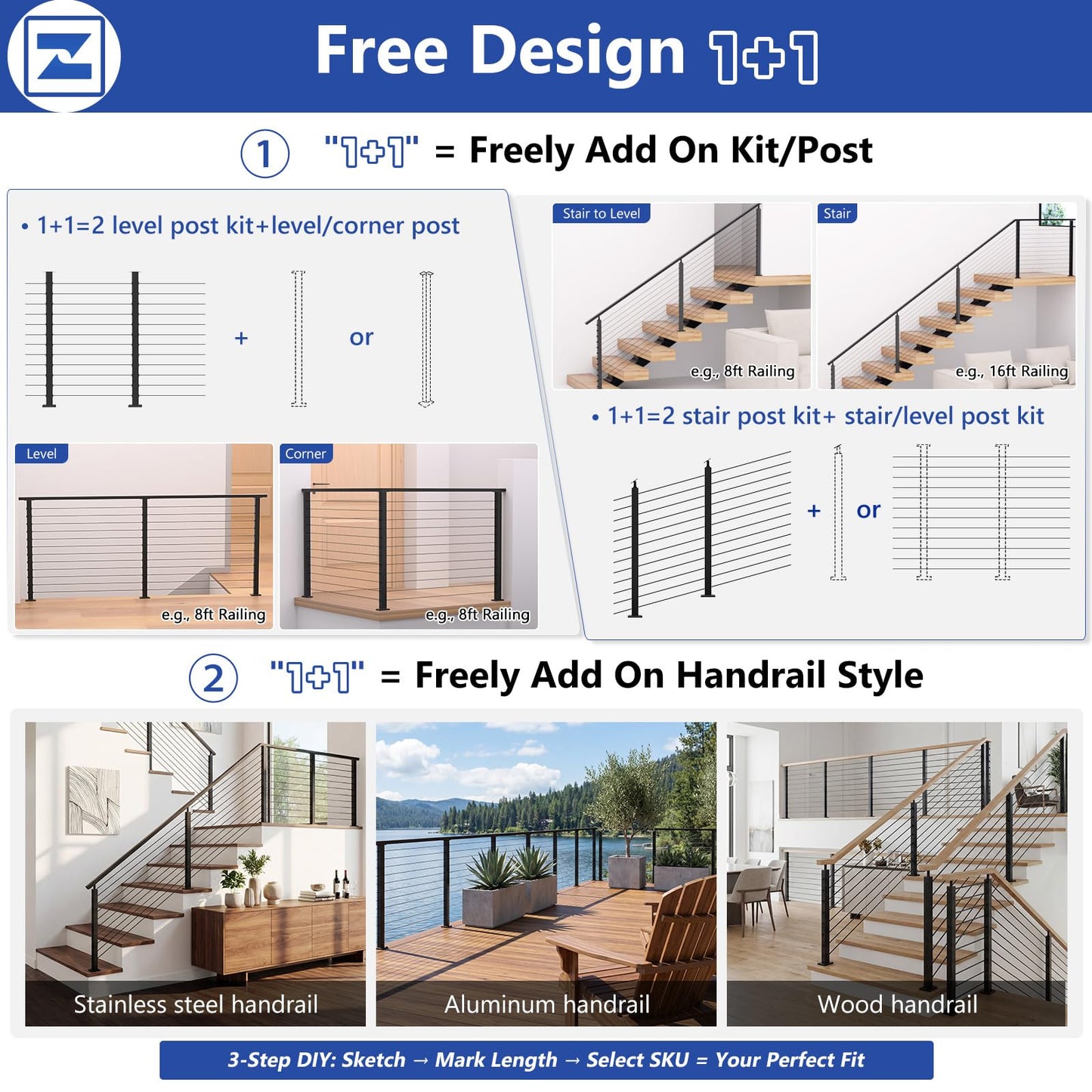 Zylorix 2Pack 42" 3-Sides Cable Railing Corner Post T304 Stainless Steel 90° T-drilled Post, 41"x2"x2" Surface Mount Fixed Top Black Cable Railing System Kit for Decks Balconys with Wire Grommets