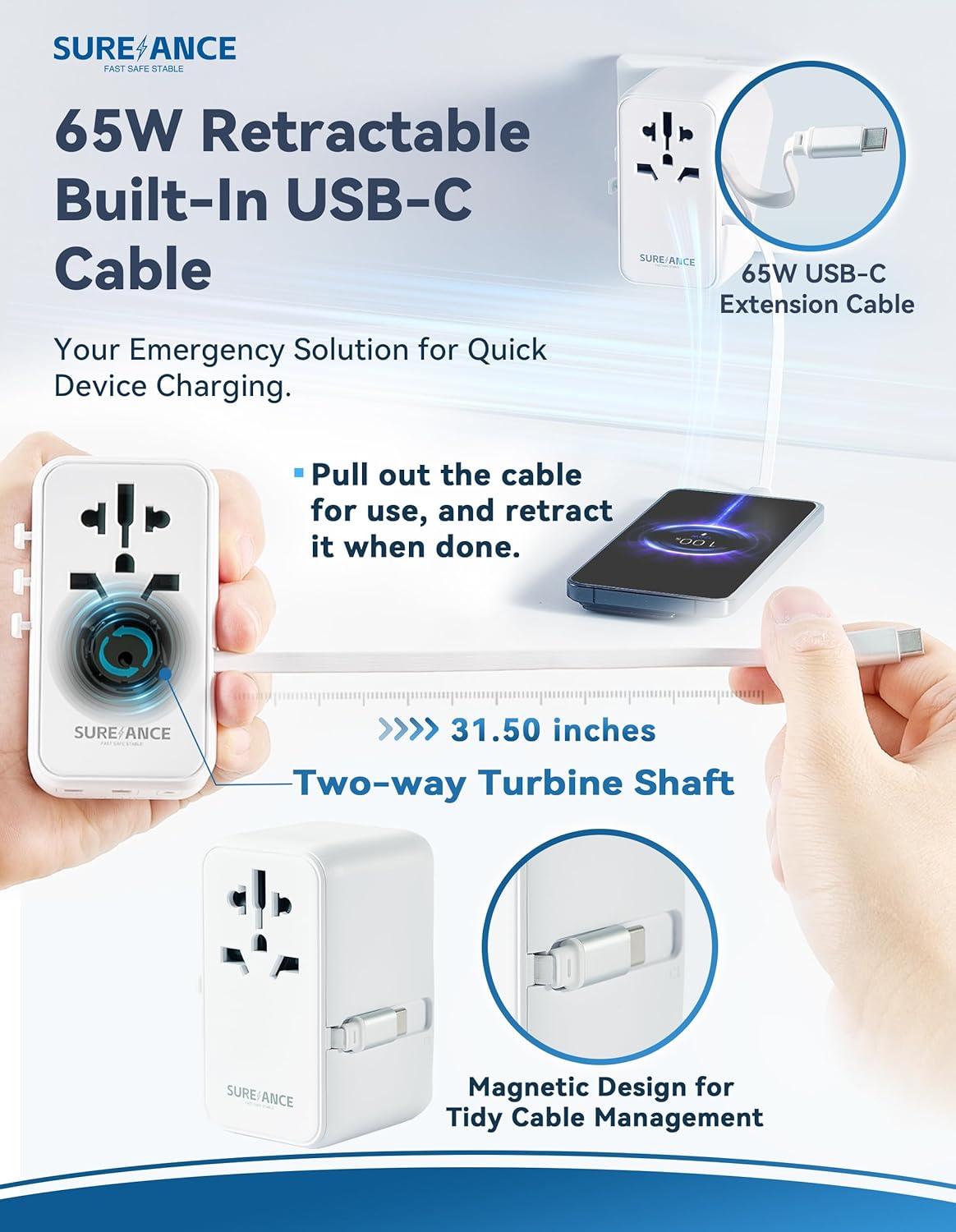 SUREANCE 70W 65W 1XUSB-C 2XUSB-A Universal Travel Adapter, Plug Adapter with One Fast Charging USB C Cable, PD & QC