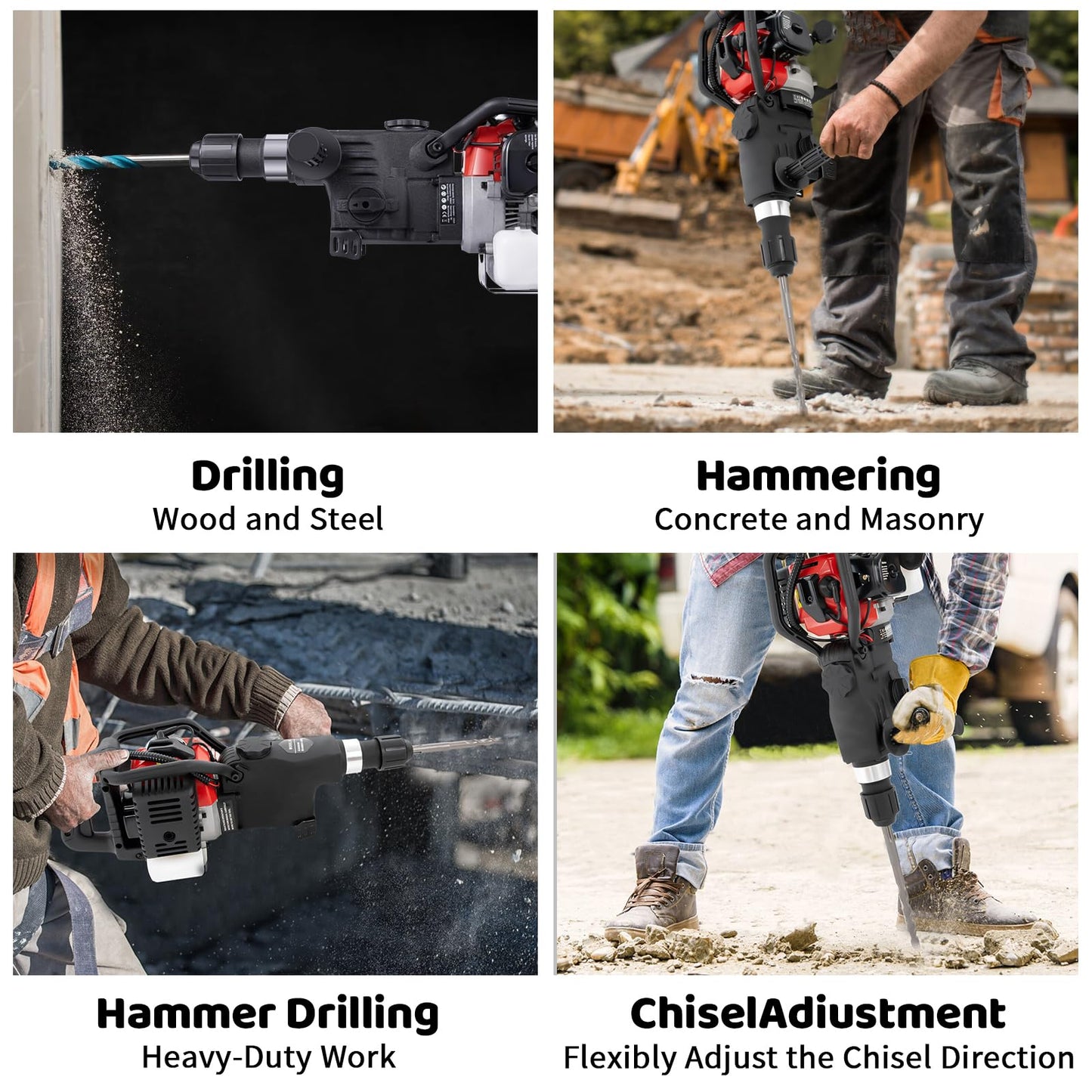 Qrooviiy Jack Hammer,1000W 5300RPM 2-Stroke Jack Hammer Concrete Breaker with 2 Pickaxes 3 Drills,3-in-1 Gas Powered Demolition Concrete Breaker for Trenching,Chipping,Breaking Holes