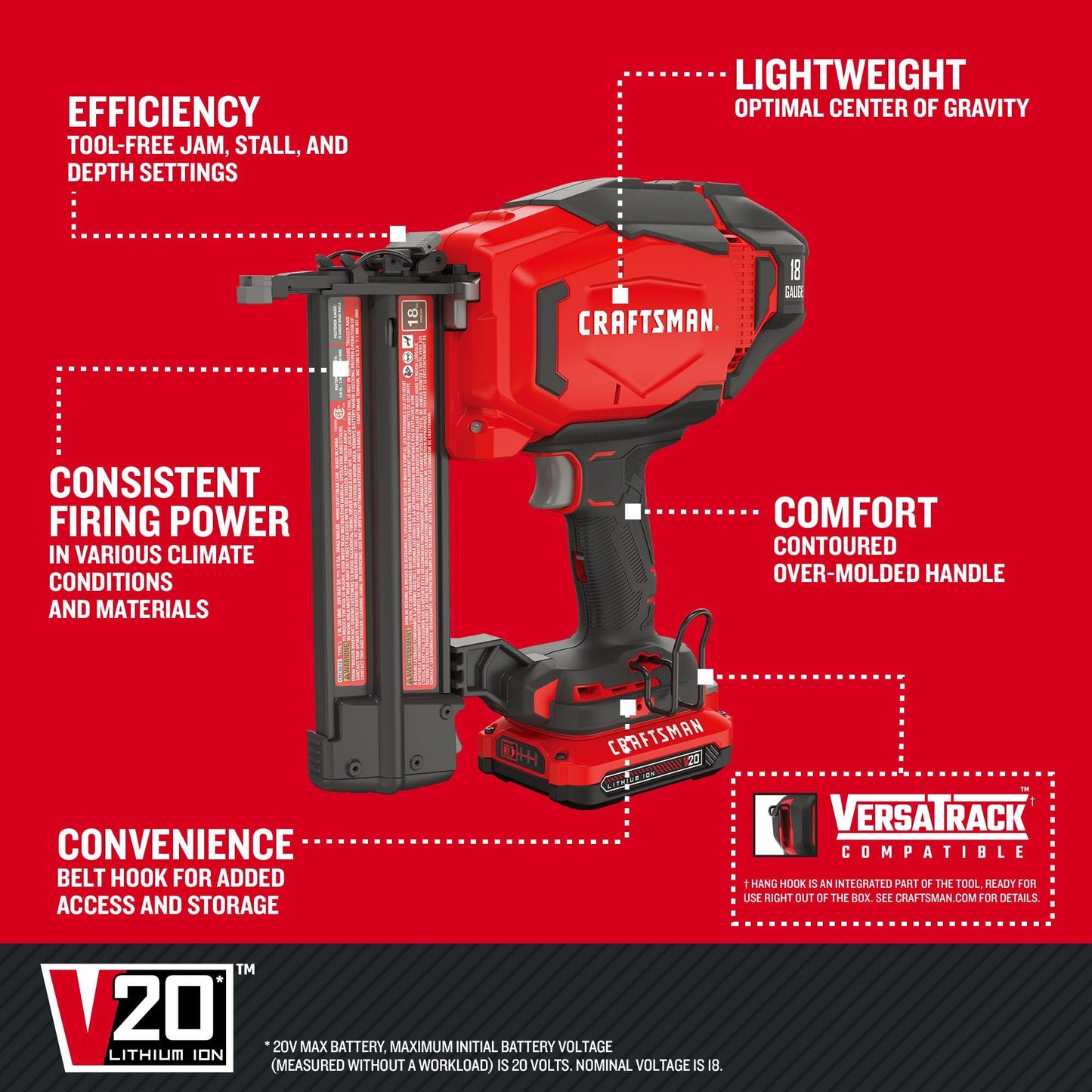 CRAFTSMAN V20 Cordless Brad Nailer, 18 Gauge Nail Gun, with Battery and Charger (CMCN618C1)