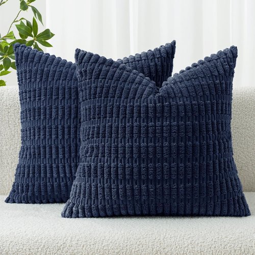 MIULEE Corduroy Decorative Throw Pillow Covers - Soft Boho Striped Design | 20x20 Inch Dark Blue for Modern Farmhouse Decor