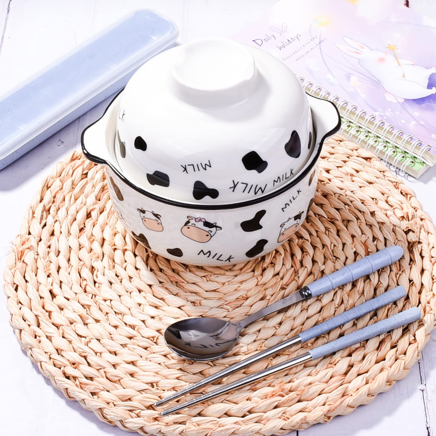 BOSILI Ceramic Bowl Set with Lid Chopsticks and Spoon 23.6 OZ Perfect for Soup Ramen Noodles and More Microwave Safe