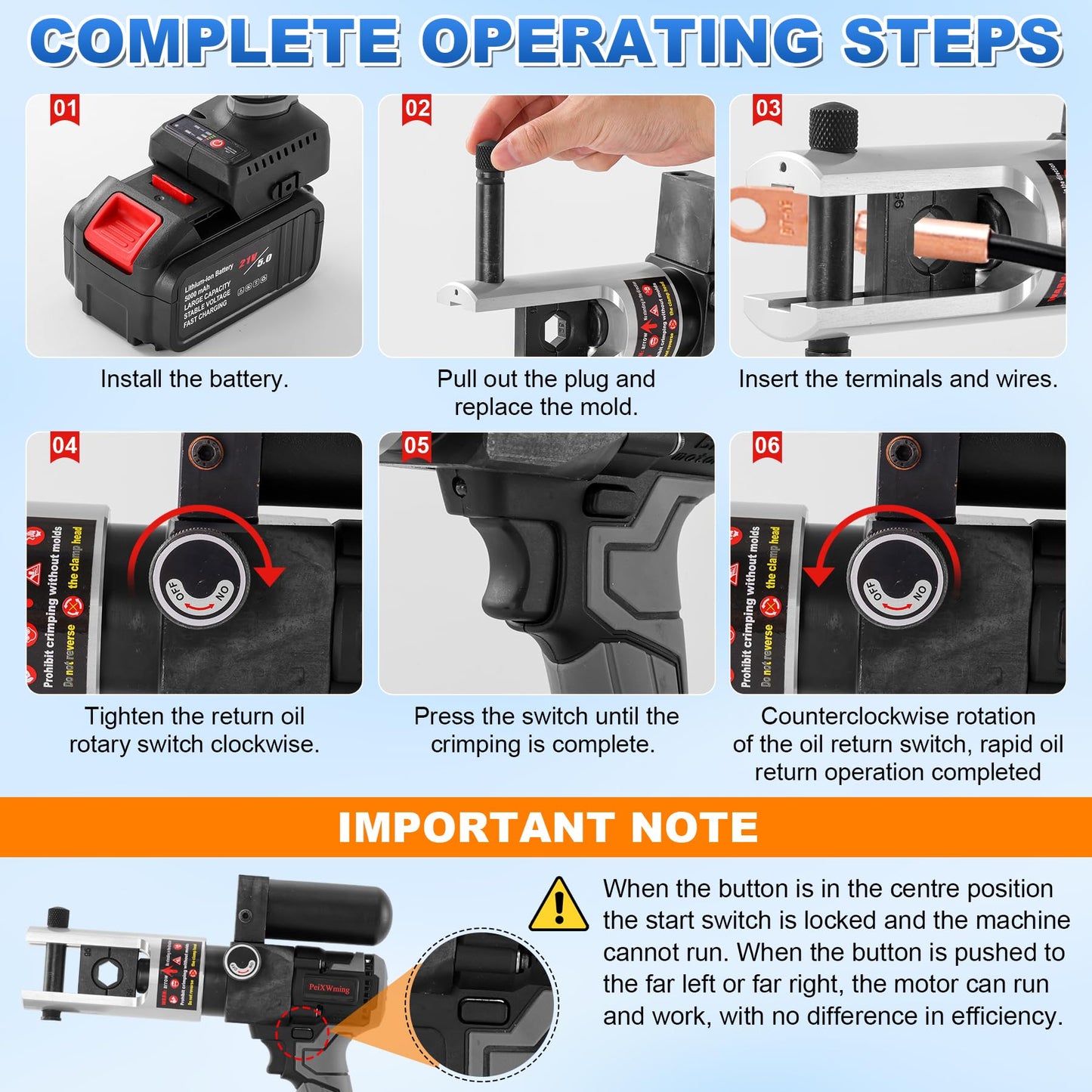 Electric Hydraulic Cable Lug Crimping Tool - 90KN 12 Dies (8 AWG to 600 MCM), Handheld Battery Cable Lug Crimper Kits with 2 Large-Capacity Lithium Battery 21V/5.0Ah, Rechargeable Portable Crimper