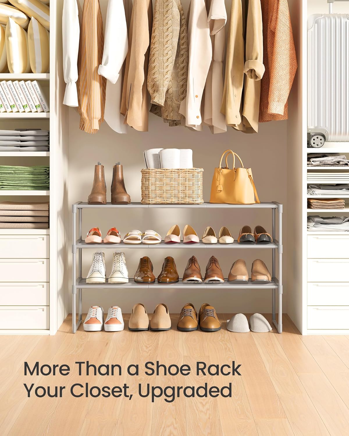 SONGMICS 3-Tier Shoe Rack - Stackable Metal Organizer for 16-20 Pairs | Gray, 11.8 x 36.2 x 21.7 Inches