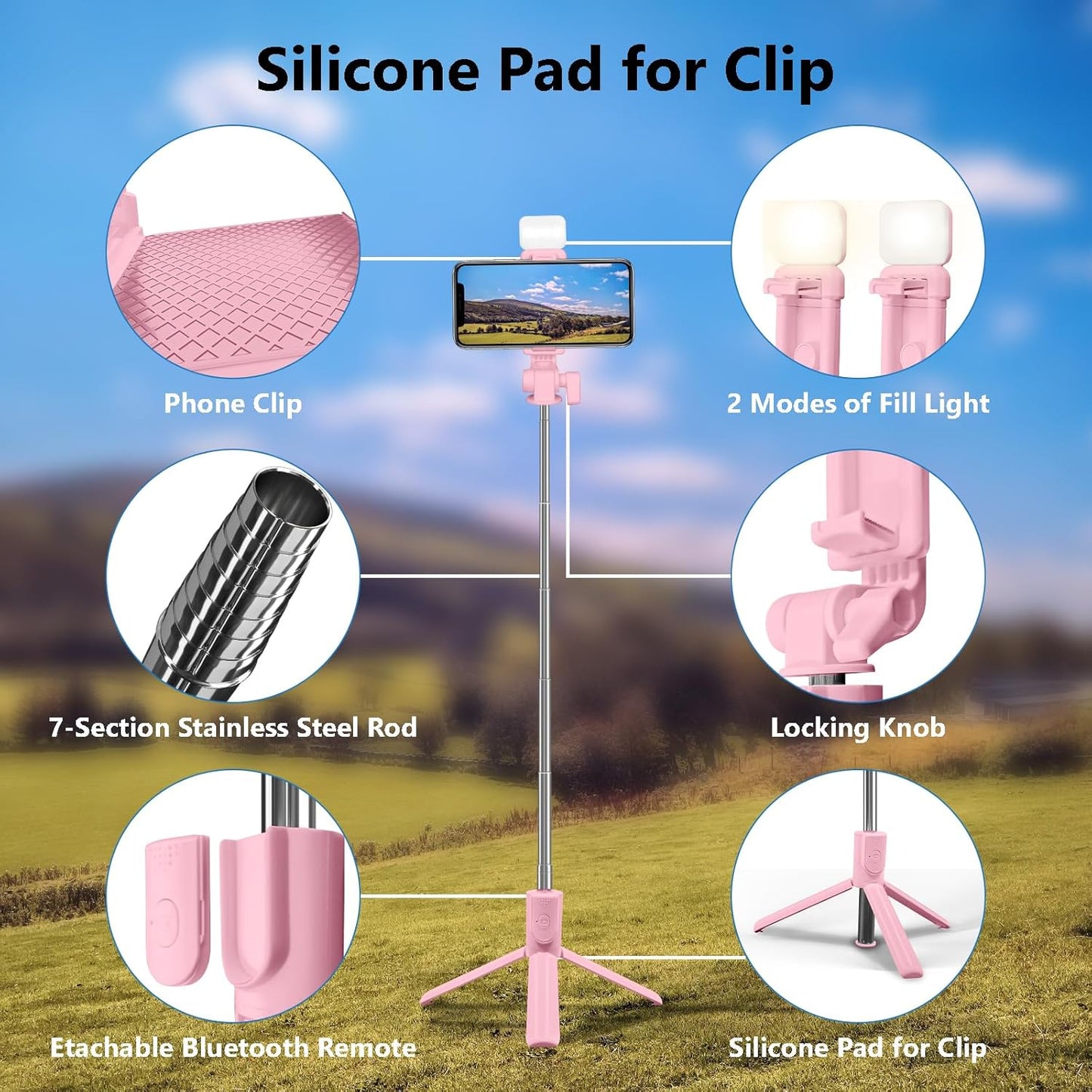 Bollove 40in Selfie Stick Tripod, Retractable Phone Tripod with Wireless Remote Control & Light, Portable Selfie Stick