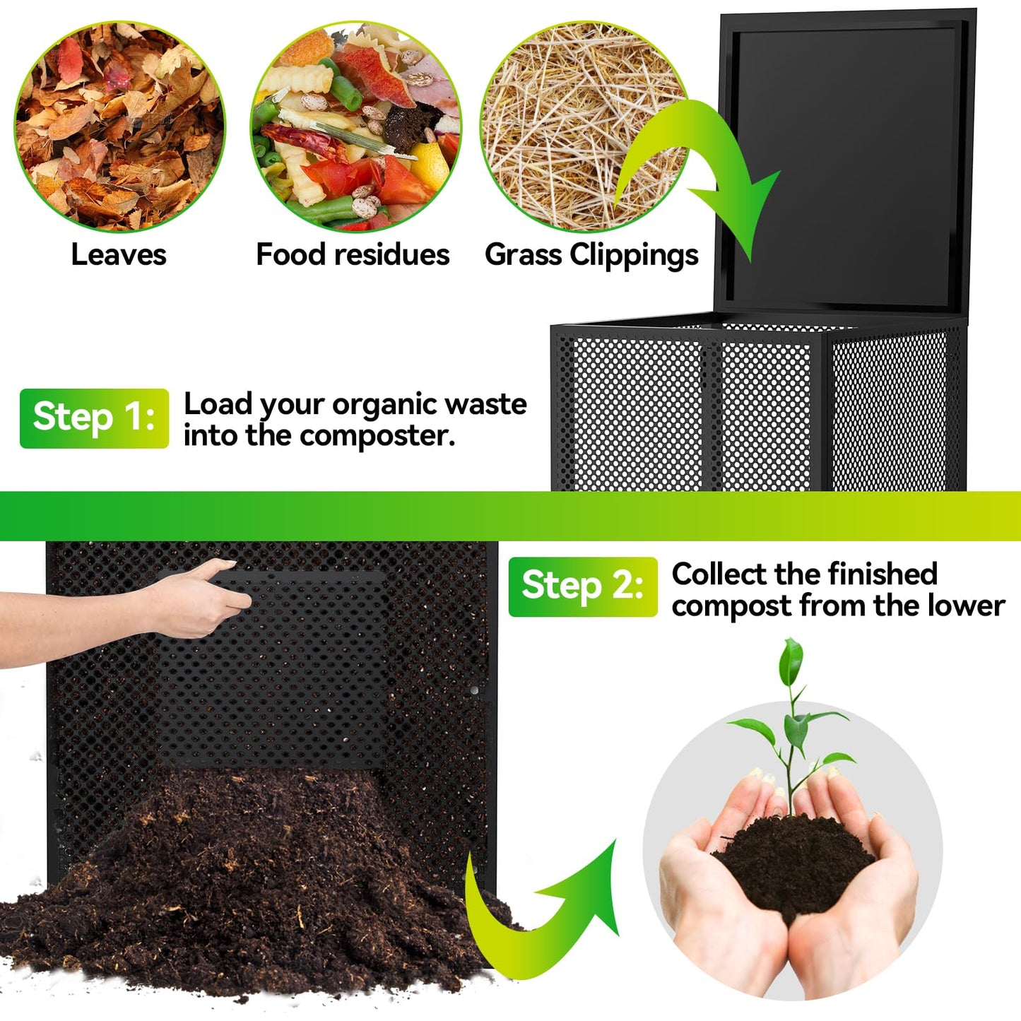 Compost Bin Outdoor with Lid - Large 93/130 Gal Composter 2-in-1 Design, Heavy-Duty Galvanized Steel Perforated Sheet with Rust-Proof Coating, Versatile Outdoor Fence, for Garden, Yard & Kitchen Waste